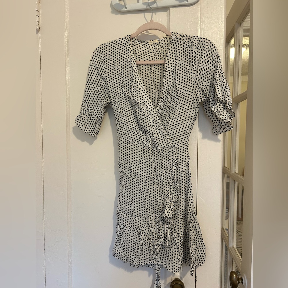 Black and White Ruffled Wrap Dress with Puff Sleeves